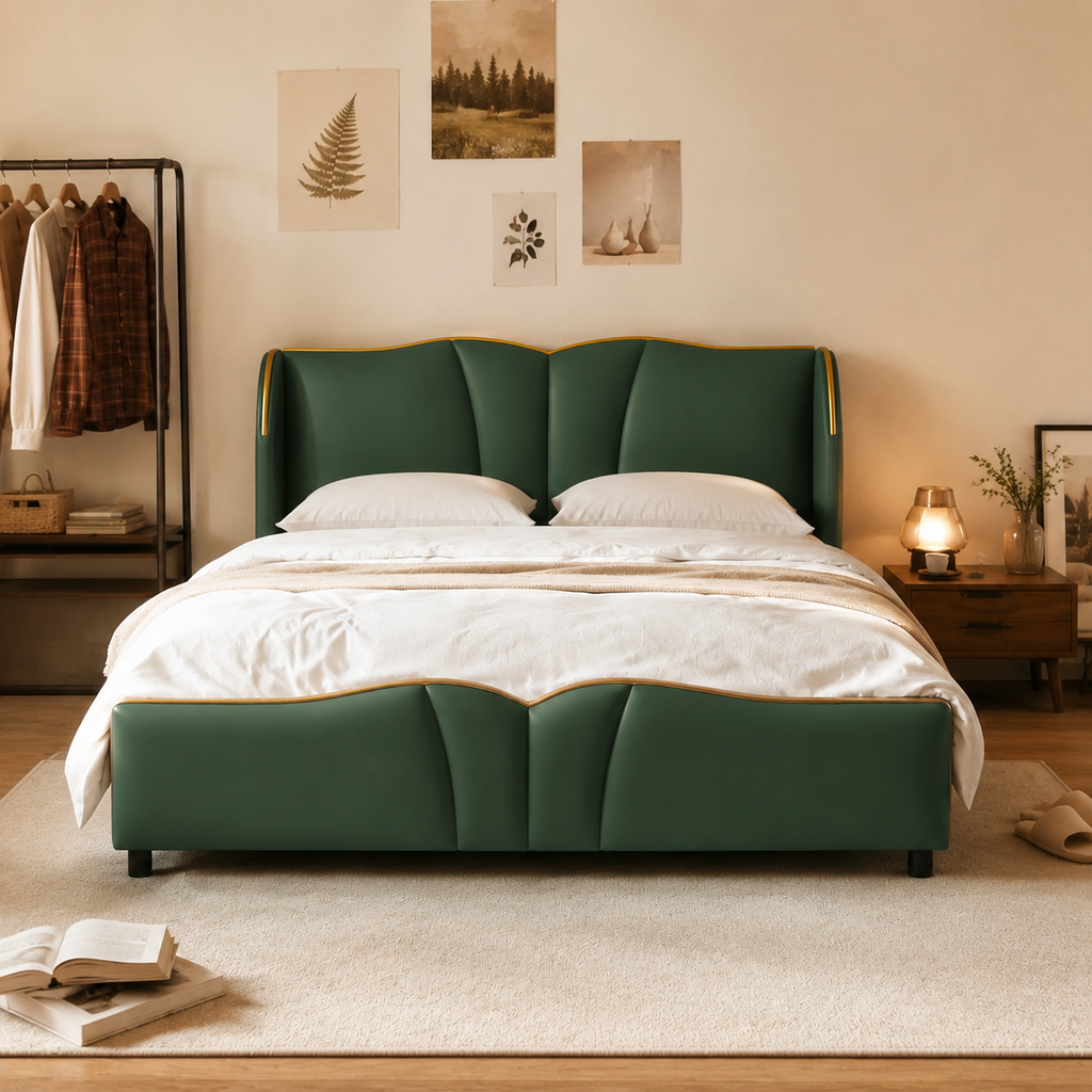 PU Leather Wingback Platform Bed