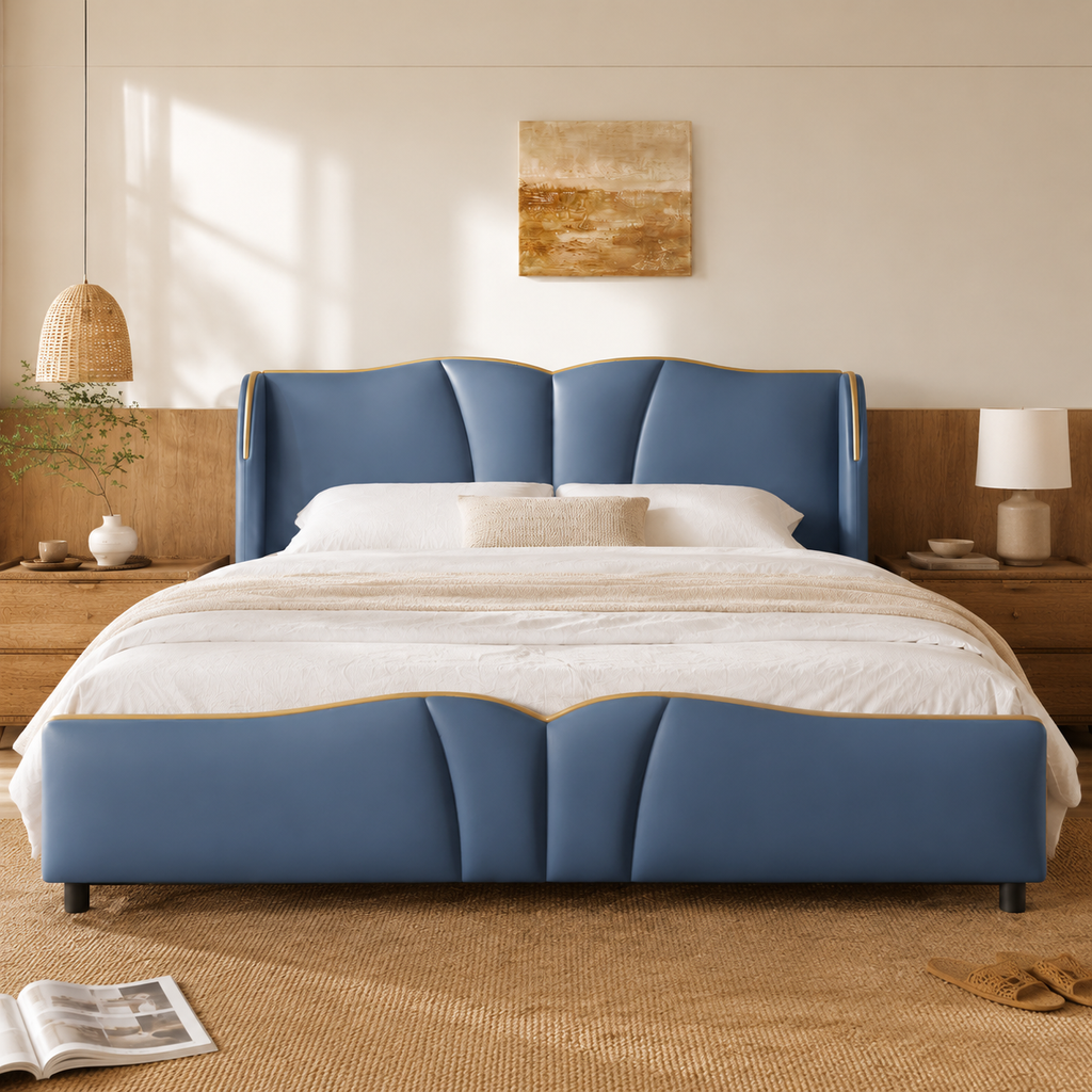 PU Leather Wingback Platform Bed