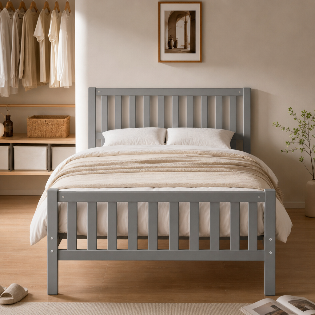 Wood Platform Bed with Guardrails on Both Sides