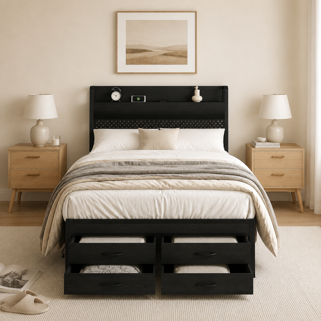 Metal Platform Bed with 4 Storage Drawers