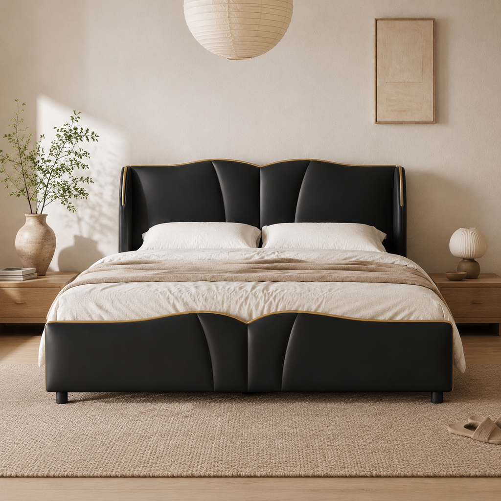 PU Leather Wingback Platform Bed