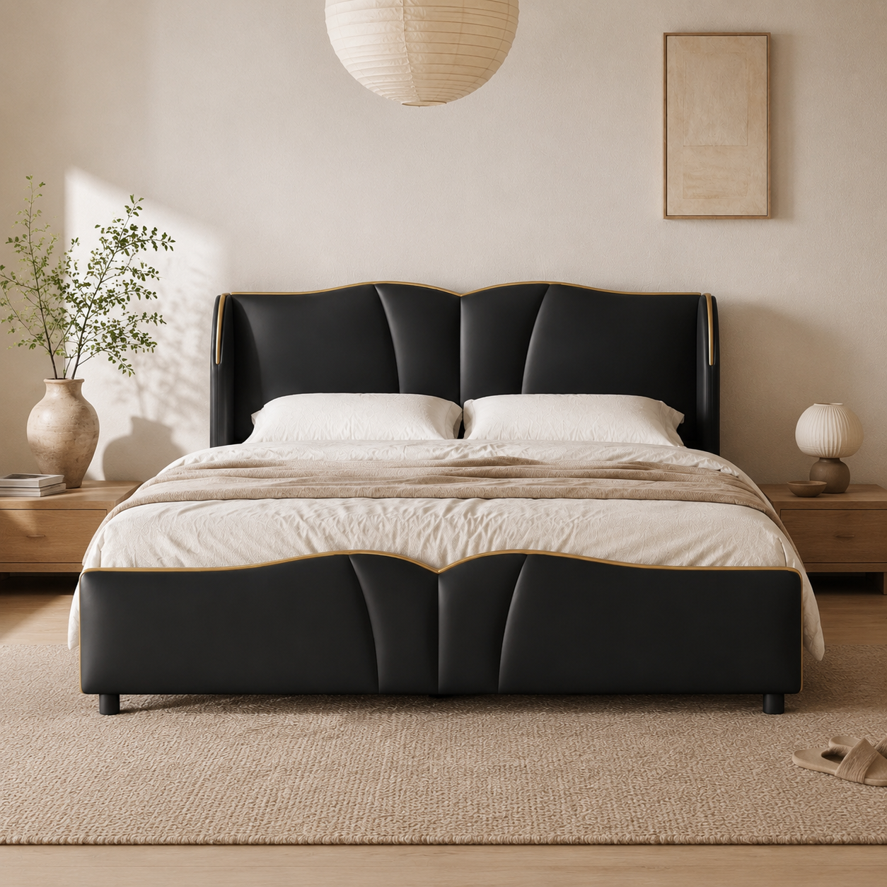 PU Leather Wingback Platform Bed