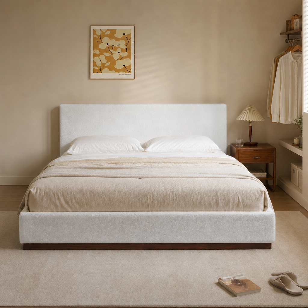 White Boucle Upholstered Platform Bed