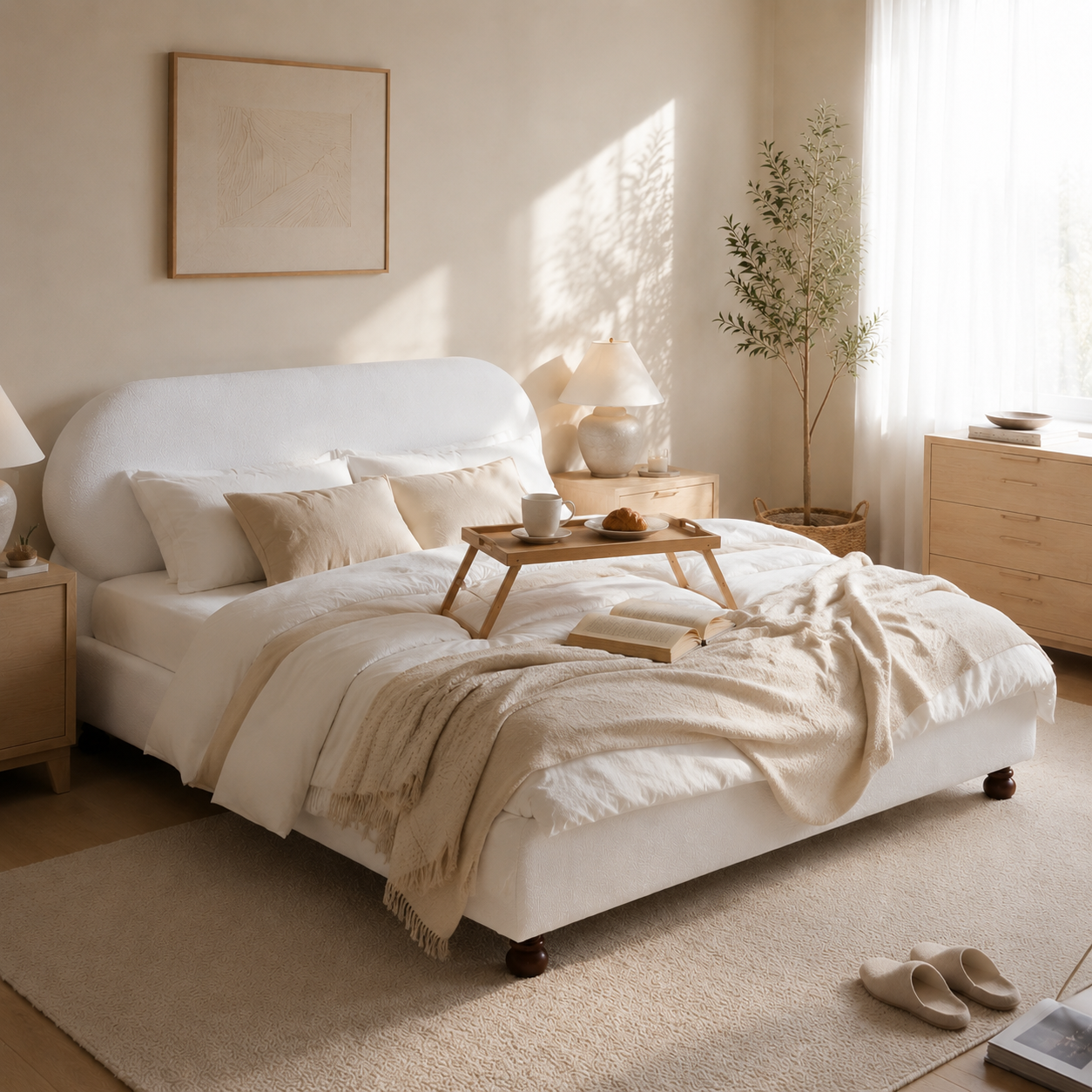 Cream Boucle Upholstered Platform Bed
