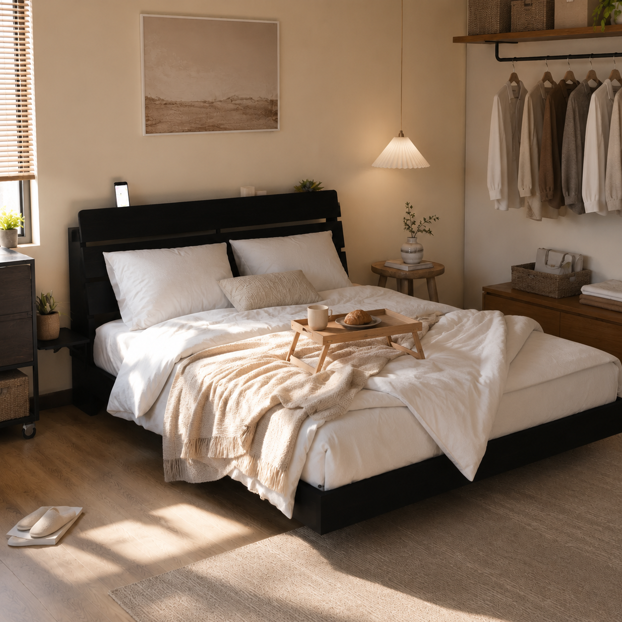 Wood Platform Bed with Bookshelf Storage Headboard
