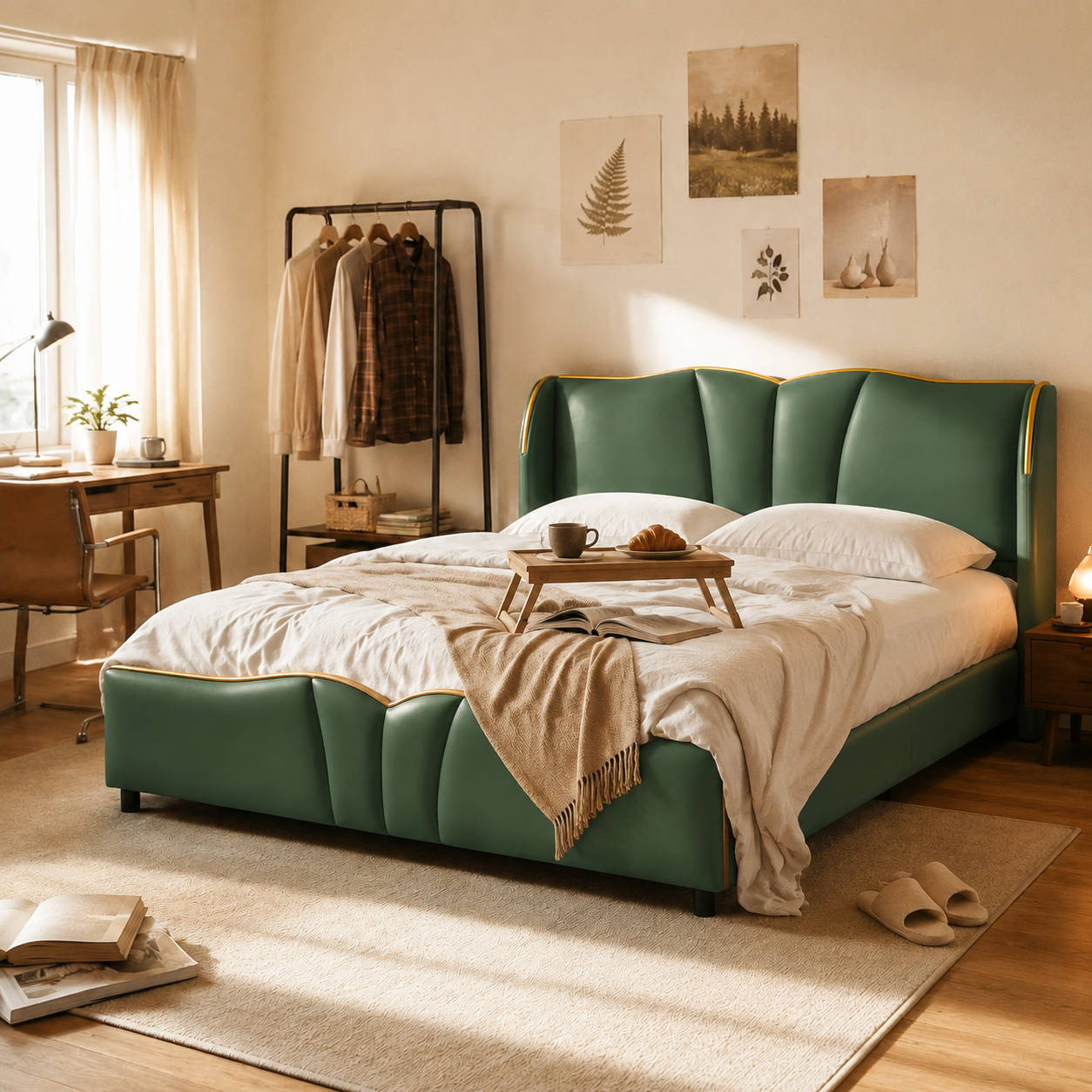 PU Leather Wingback Platform Bed