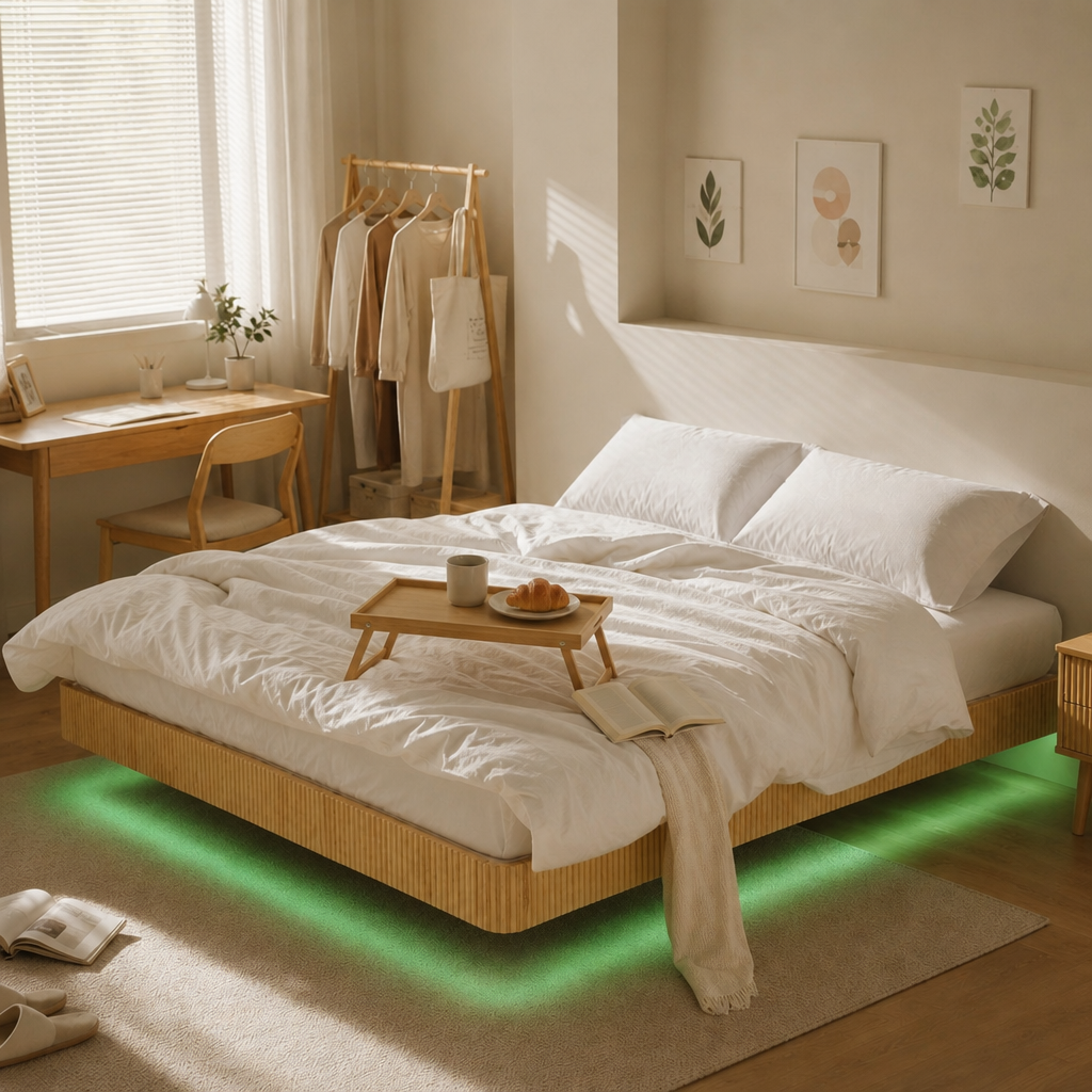 Oak King Floating Bed Frame with LED Lights