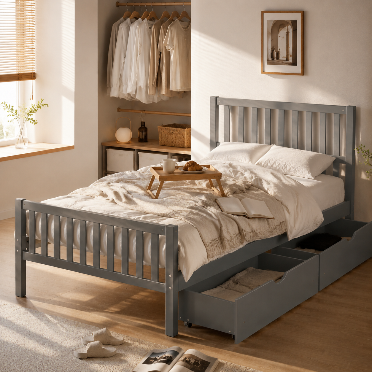 Wood Platform Bed with Guardrails on Both Sides