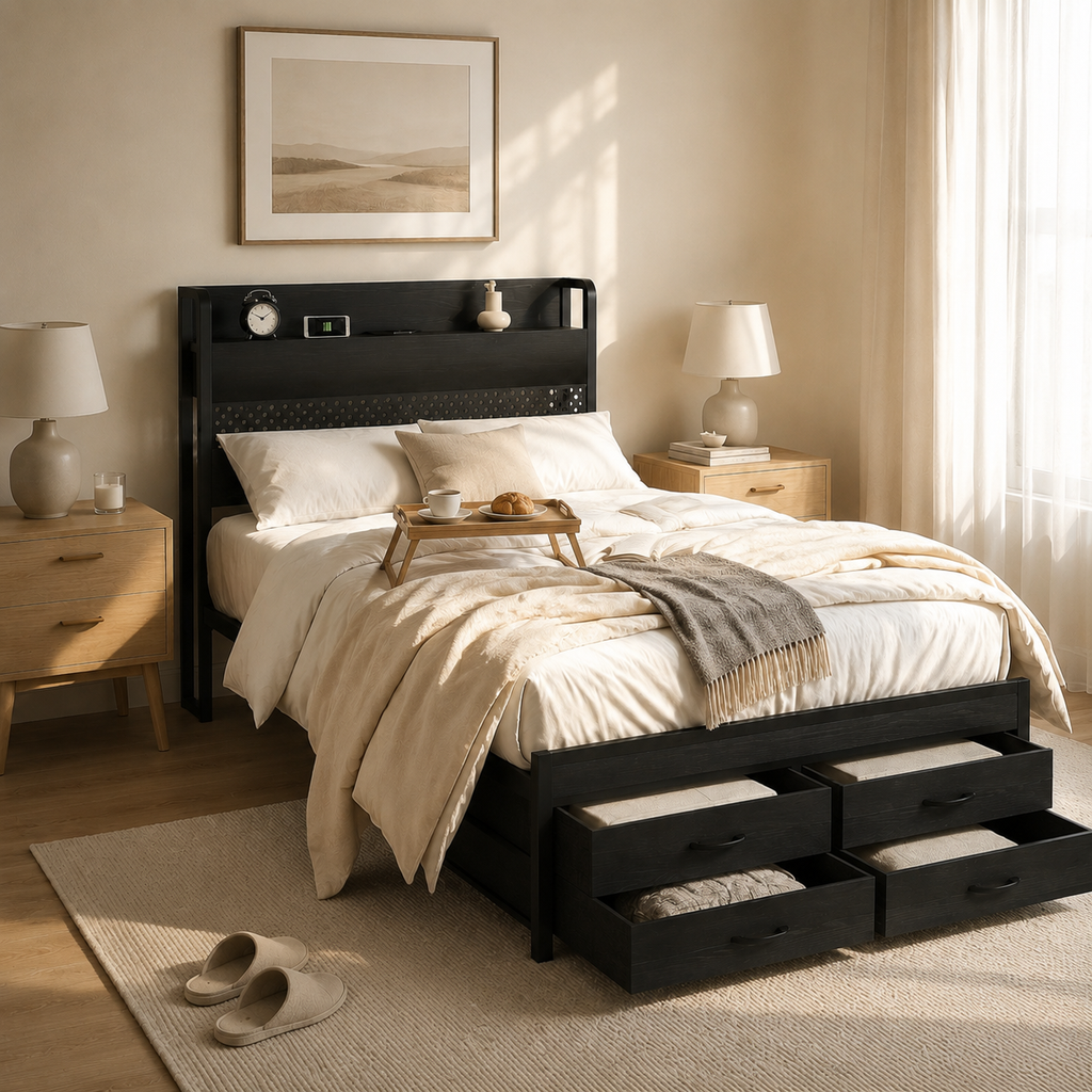 Metal Platform Bed with 4 Storage Drawers