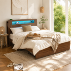 Wood Platform Bed with Bookshelf Storage Headboard