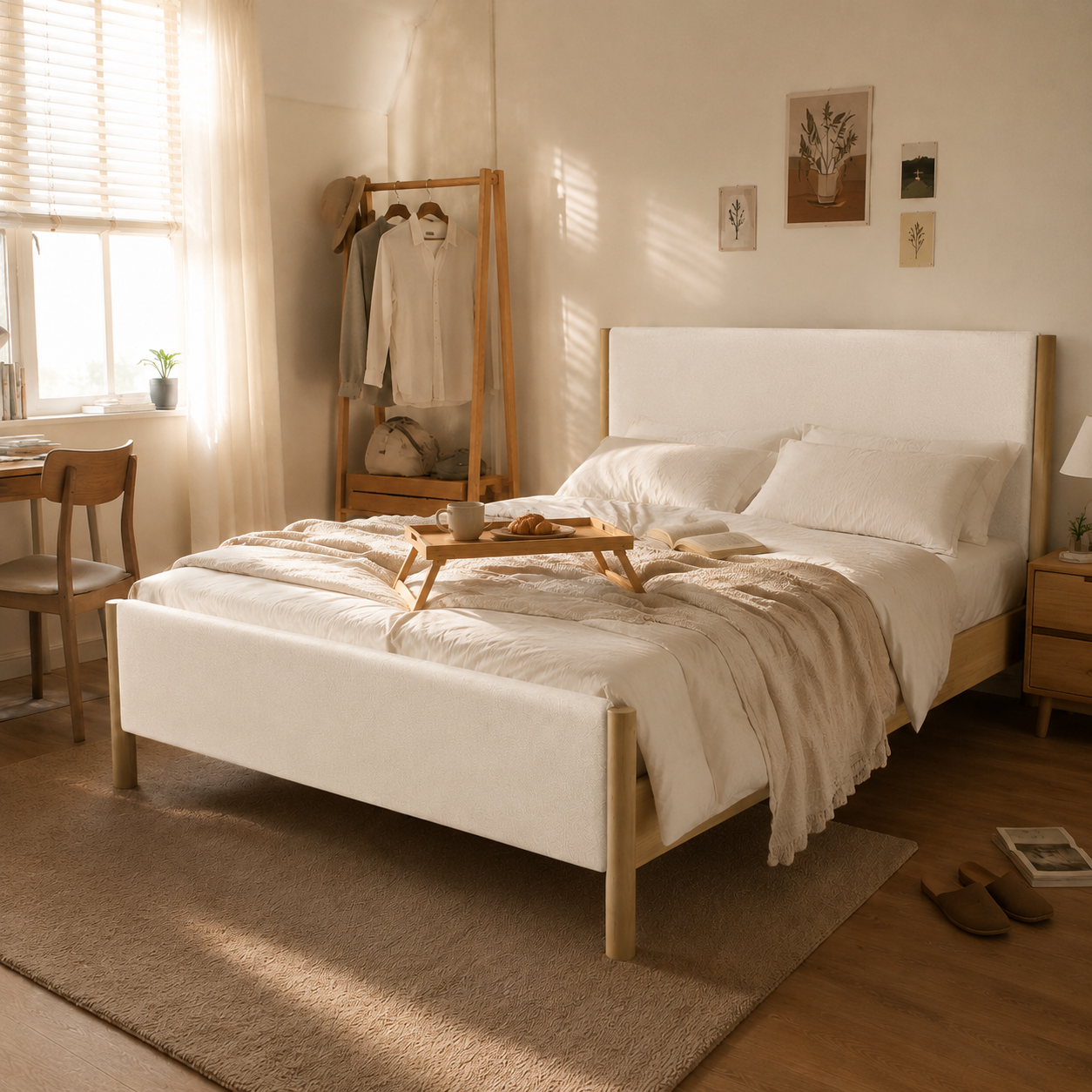White Boucle Upholstered Platform Bed