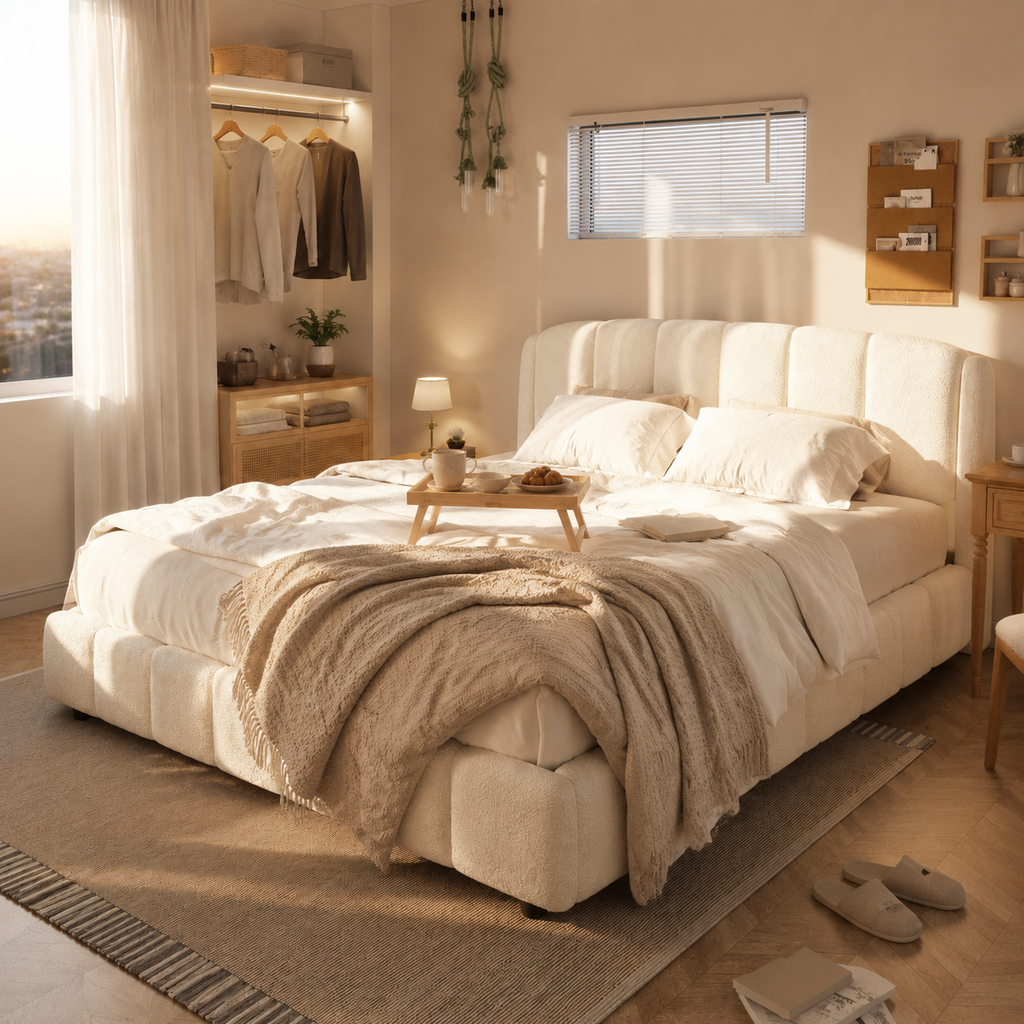 Boucle Upholstered Platform Bed