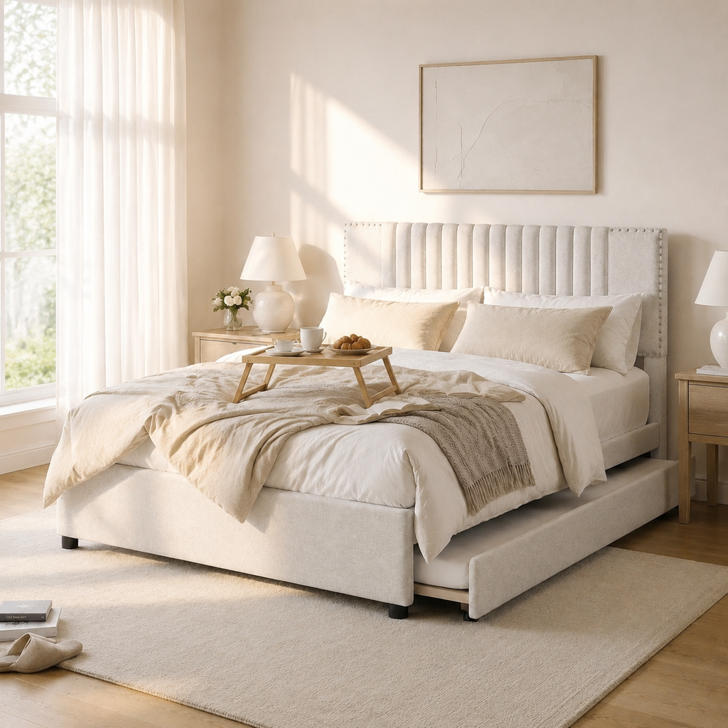 Upholstered Platform Bed with 2 Storage Drawers