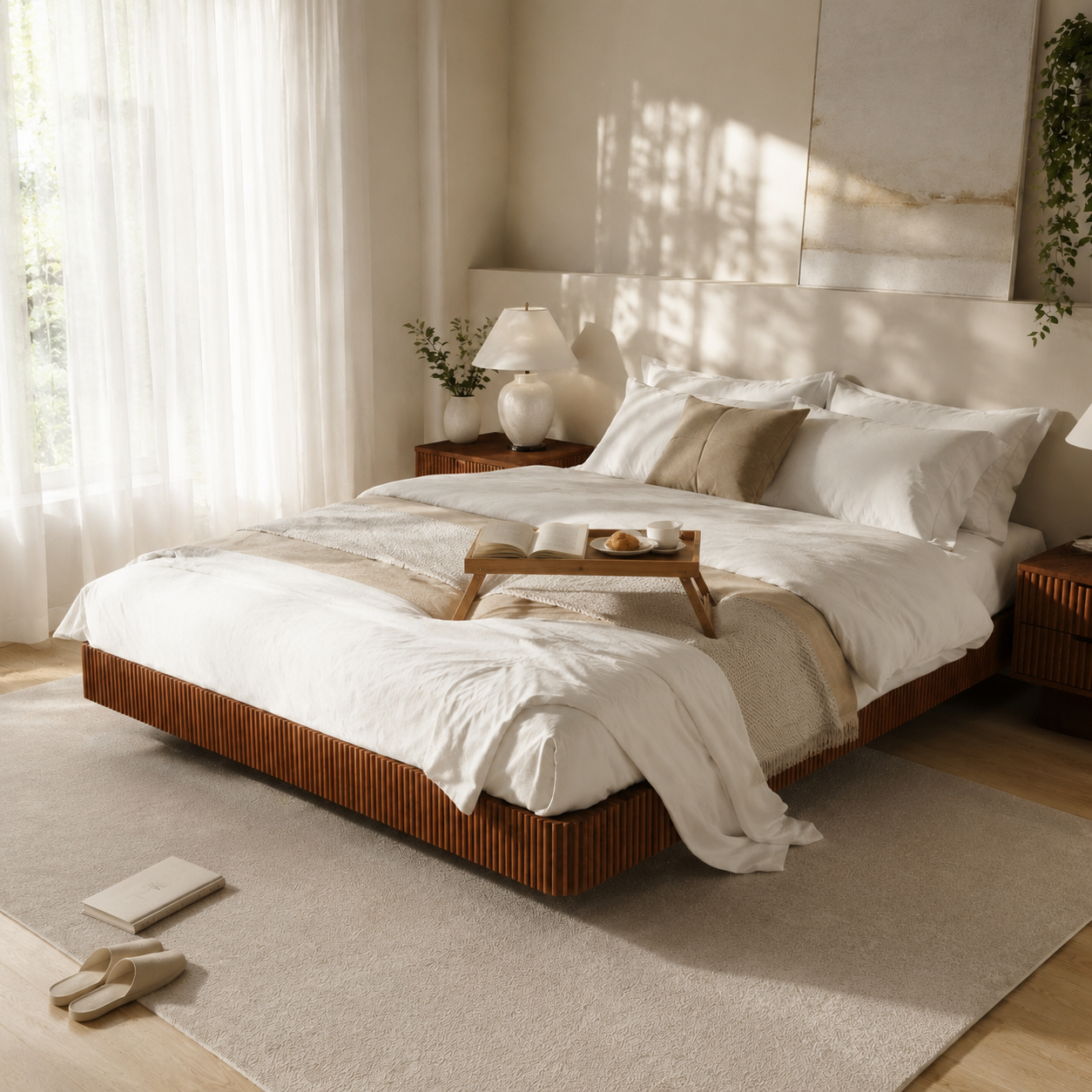 Oak King Floating Bed Frame with LED Lights