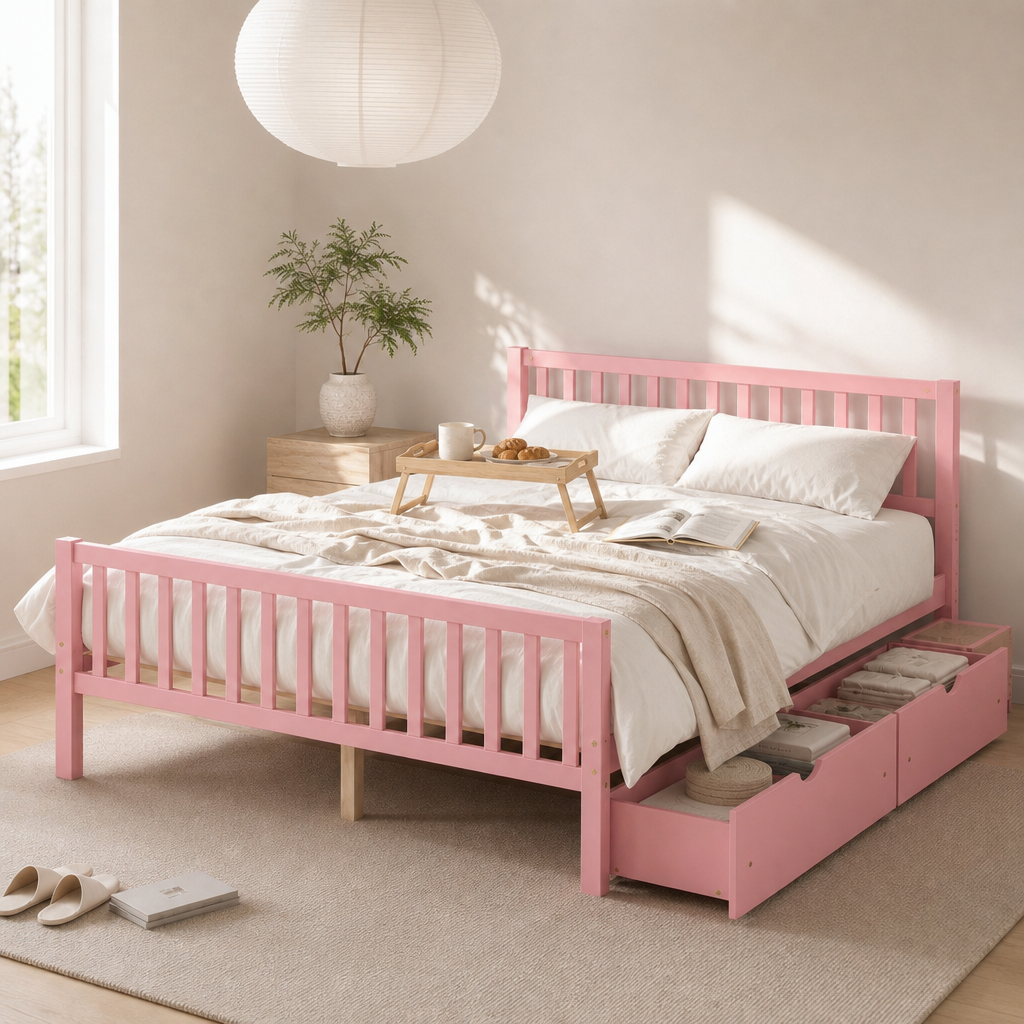 Wood Platform Bed with Guardrails on Both Sides