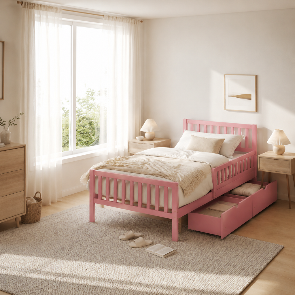 Wood Platform Bed with Guardrails on Both Sides