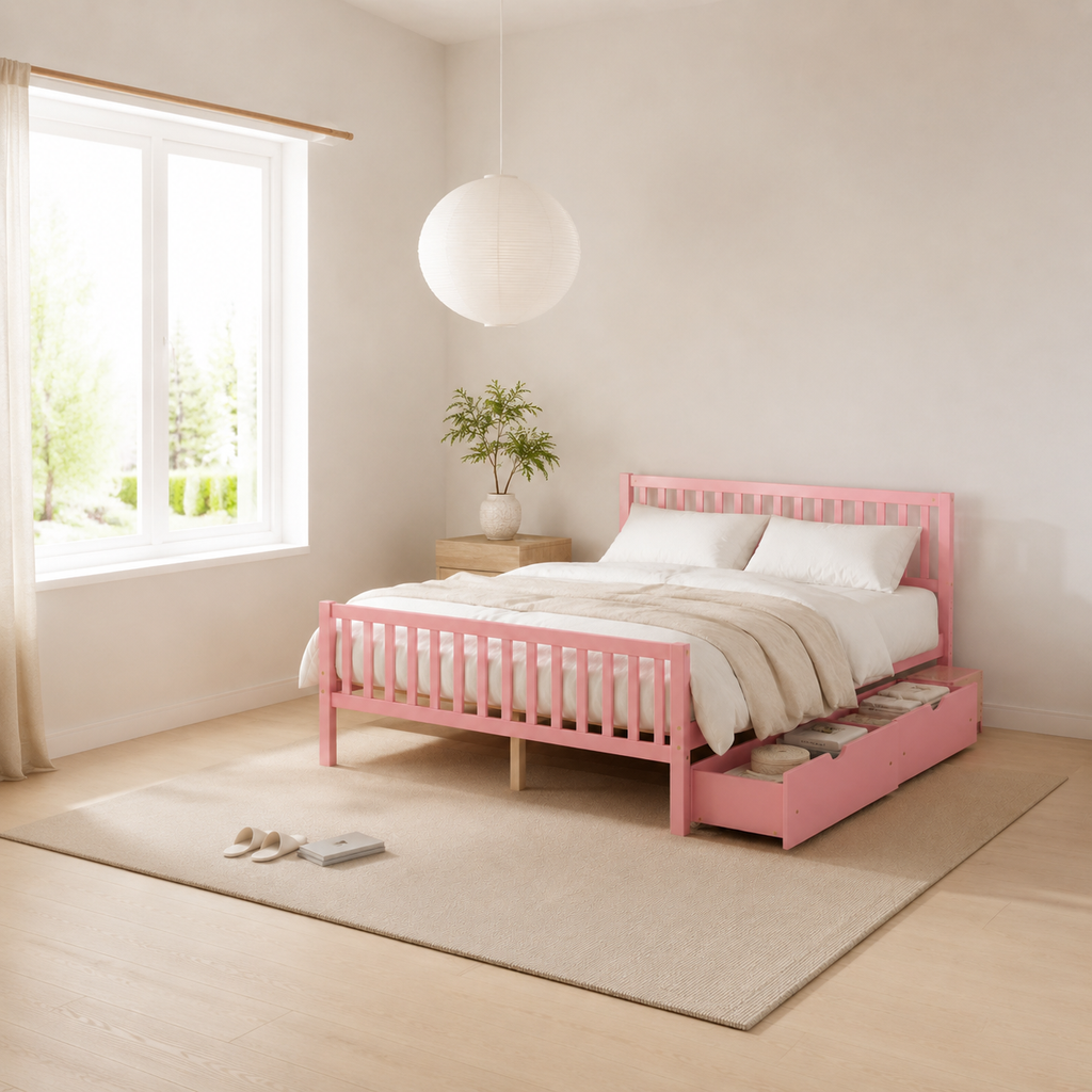 Wood Platform Bed with Guardrails on Both Sides