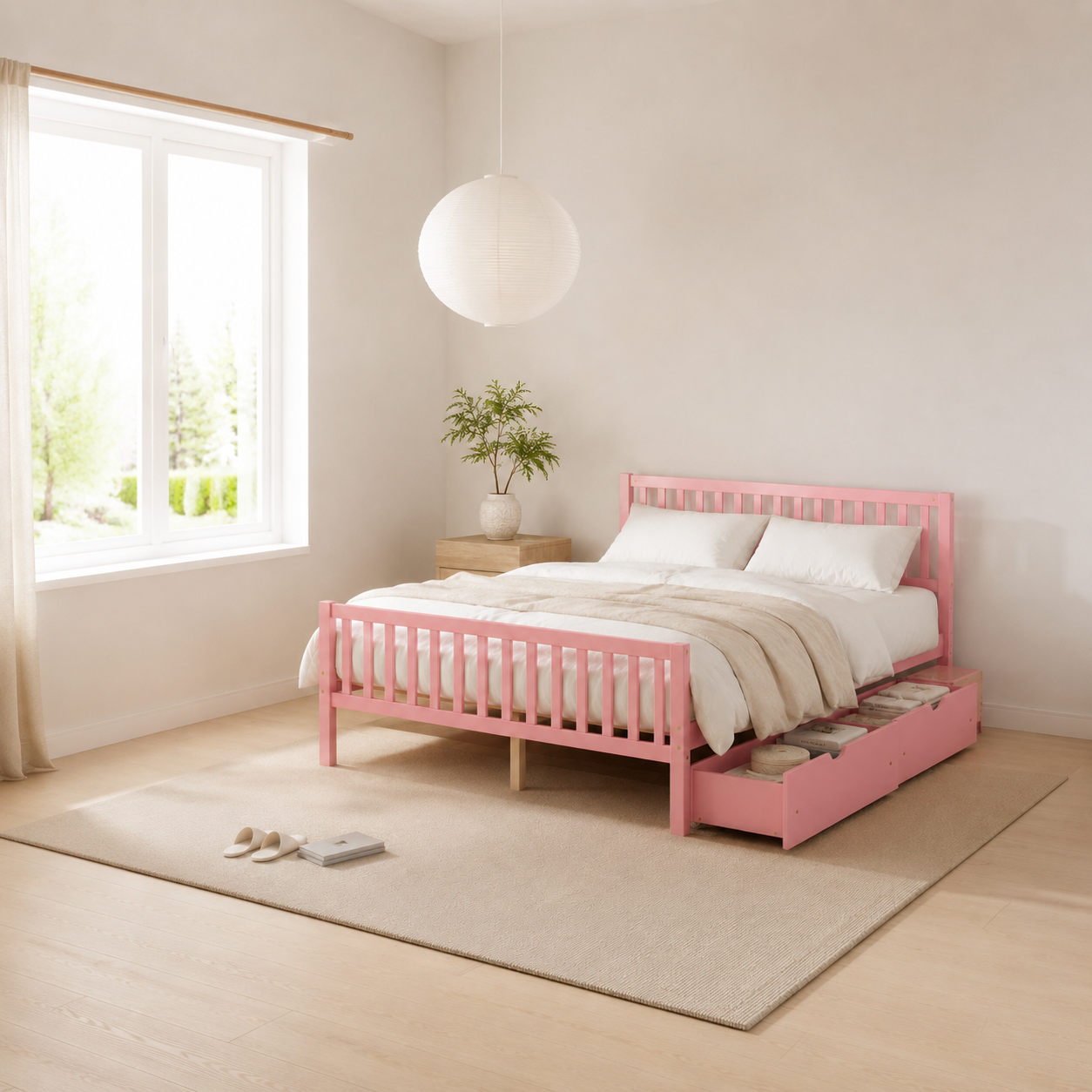 Wood Platform Bed with Guardrails on Both Sides