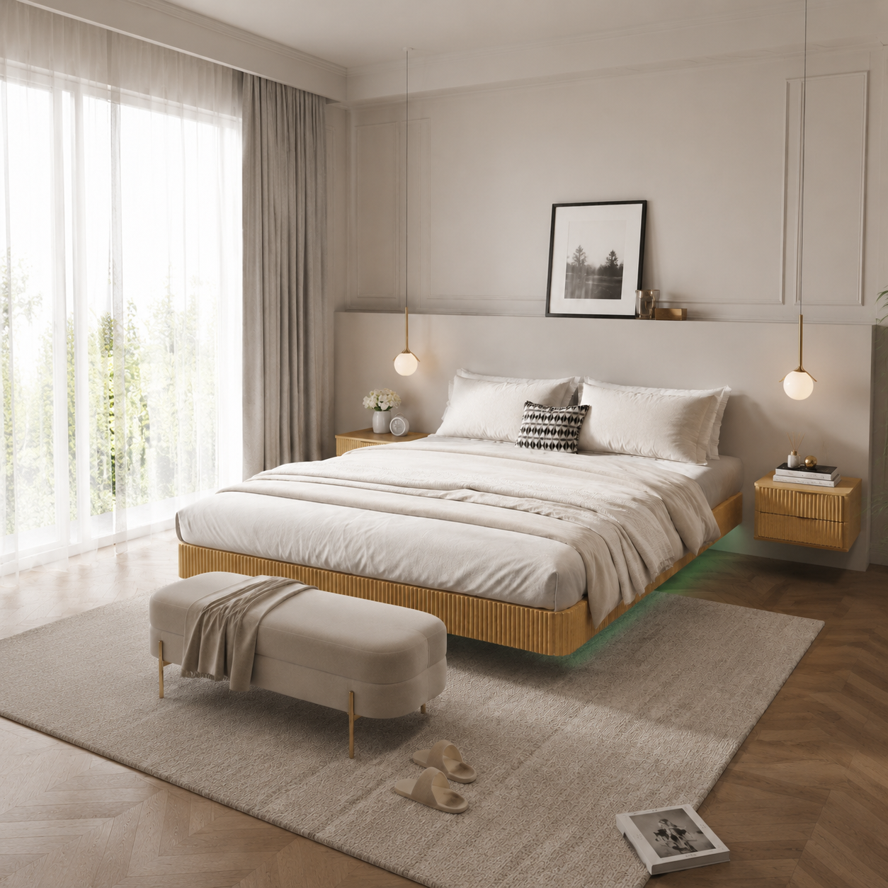 Oak King Floating Bed Frame with LED Lights