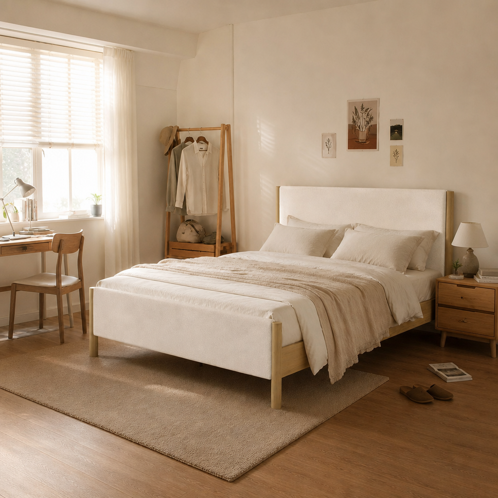 White Boucle Upholstered Platform Bed