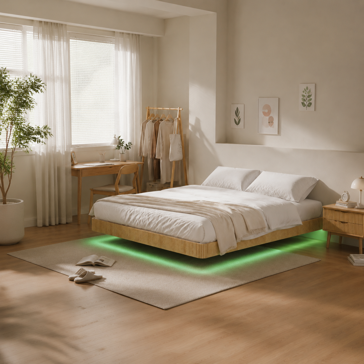 Oak King Floating Bed Frame with LED Lights