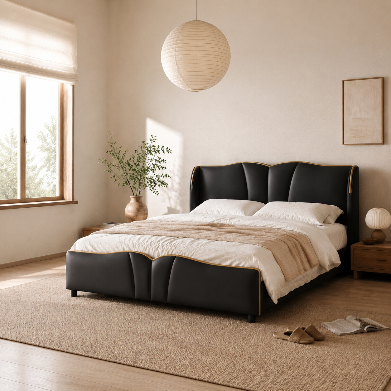 PU Leather Wingback Platform Bed