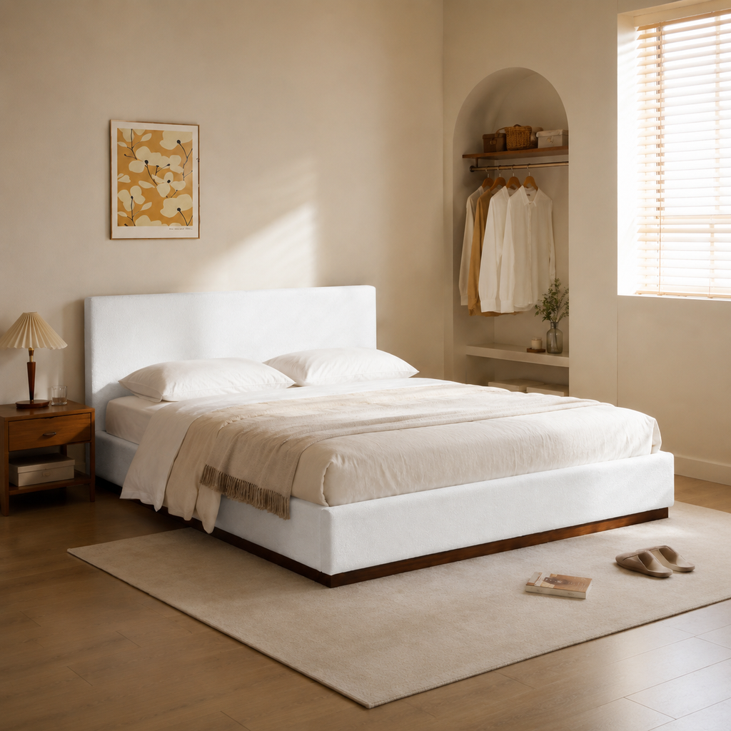 White Boucle Upholstered Platform Bed
