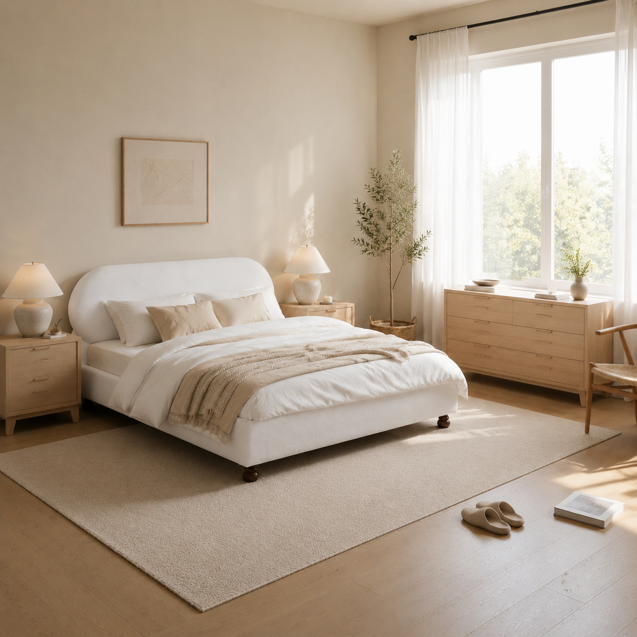 Cream Boucle Upholstered Platform Bed