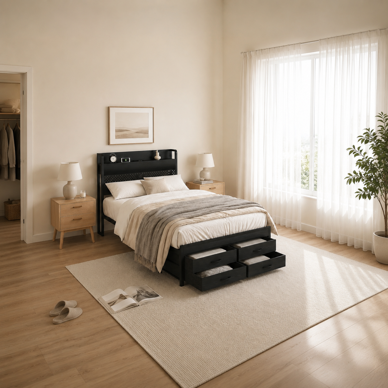 Metal Platform Bed with 4 Storage Drawers