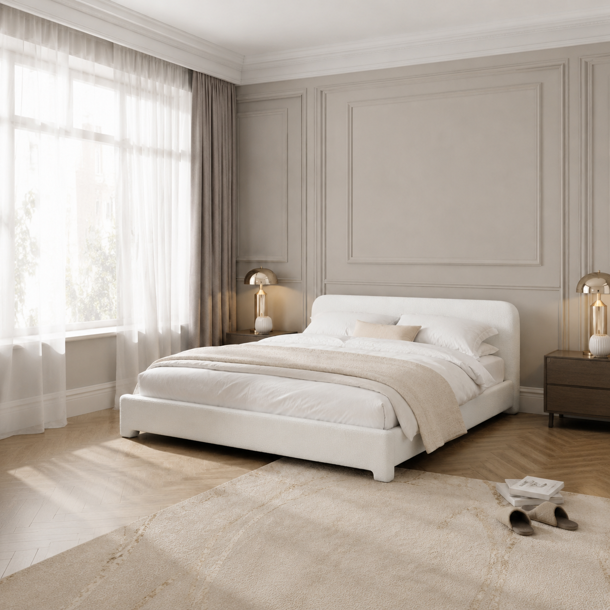 White Boucle Upholstered Low Profile Platform Bed