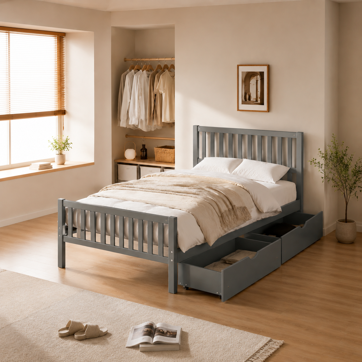 Wood Platform Bed with Guardrails on Both Sides