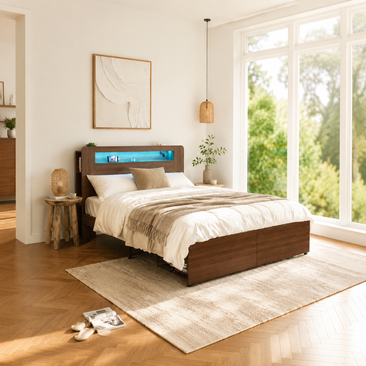 Wood Platform Bed with Bookshelf Storage Headboard