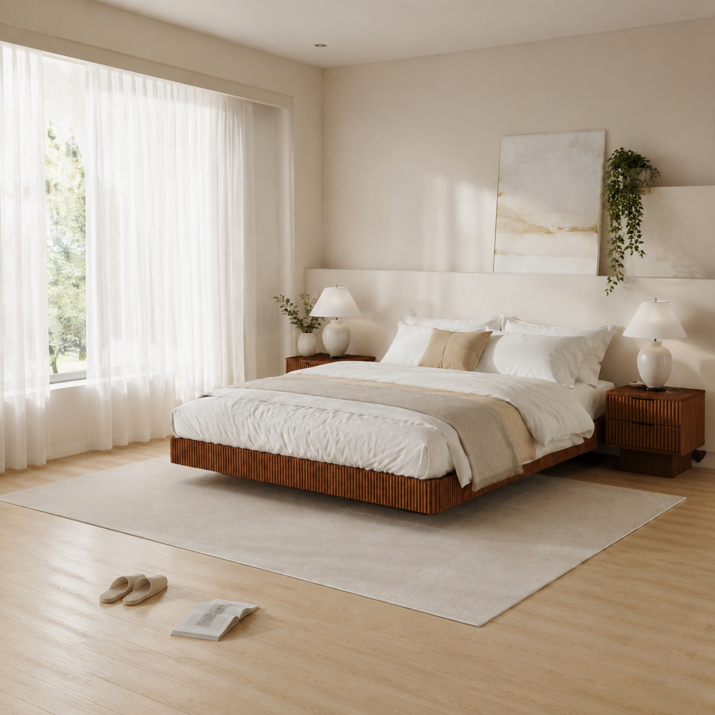 Oak King Floating Bed Frame with LED Lights