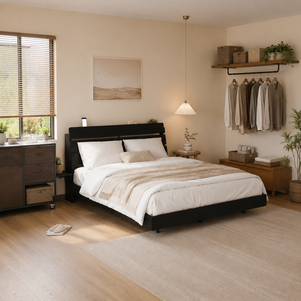 Wood Platform Bed with Bookshelf Storage Headboard